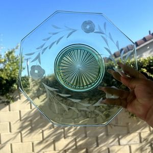 Vintage Small Etched Green Glass Tray Depression Glass Circa 1940s Floral Motif